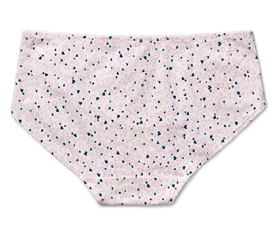 Damen-Slips mit rosa und dunkelblauen Herzchenmuster auf weißem Hintergrund.