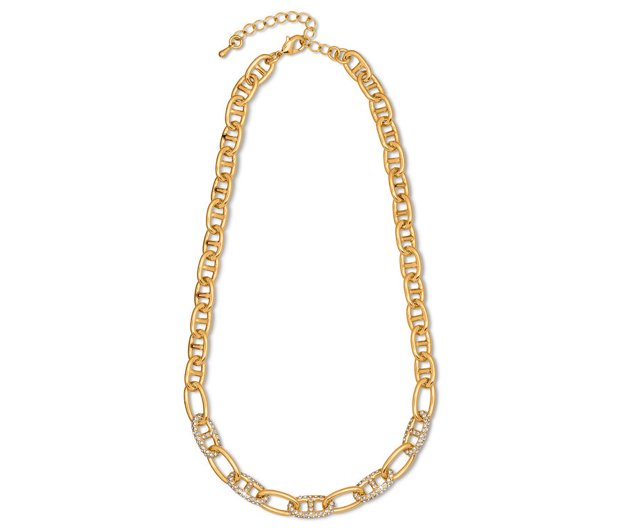 Goldene Halskette mit Kettengliedern und Ziersteinen.