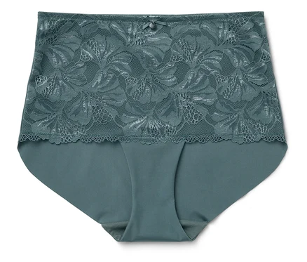 Blaue Damenunterhose mit Blumenspitze im oberen Bereich.