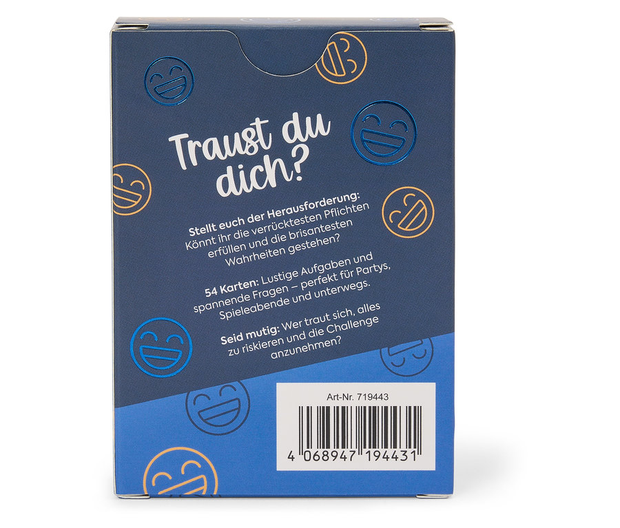 Blauer Spielekarton mit Text und Emoticons.