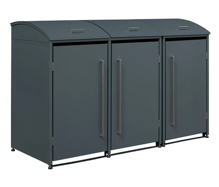 Dunkelgraue dreiteilige Mülltonnenbox mit Türen und silbernen Griffen.
