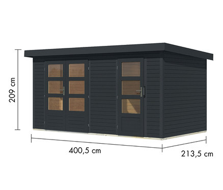 Ein dunkelgraues Karibu Gerätehaus mit zwei Räumen und einer Doppeltür und einer Einzeltür.