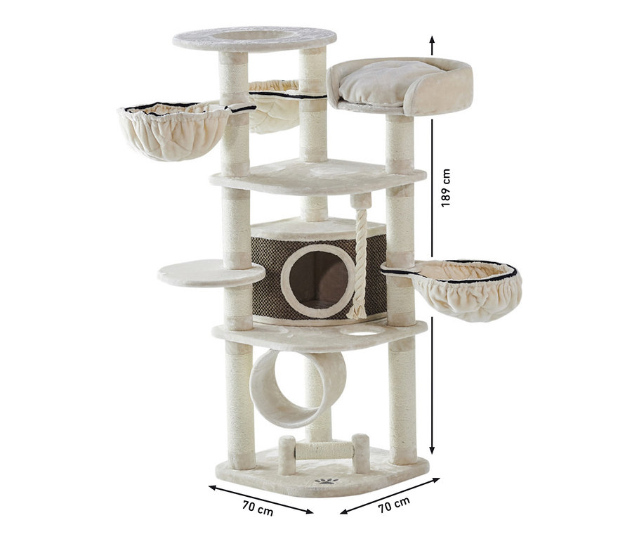 Ein beiger Kratzbaum »ELIF« mit verschiedenen Ebenen, Körben und einer Höhle.