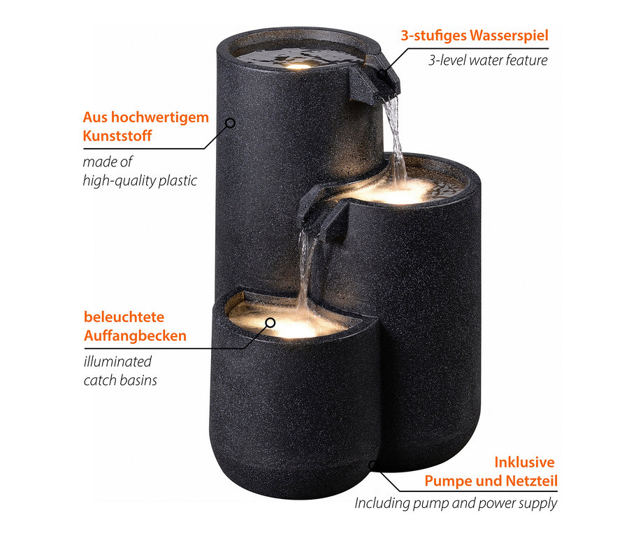 Dreistufiger LED-Gartenbrunnen »Brahma« mit fließendem Wasser und beleuchteten Auffangbecken.