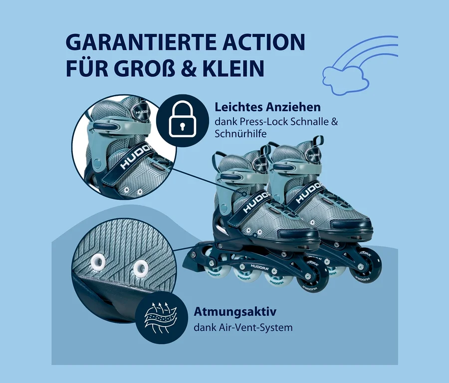 Blau-graue HUDORA Inline Skates »Leon 2.0« mit Details auf blauem Hintergrund.