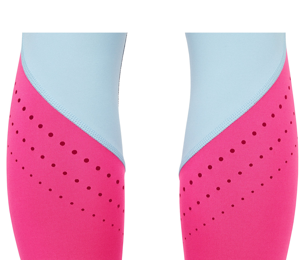Detailansicht einer 7/8-Sporttight in Pink und Hellblau.