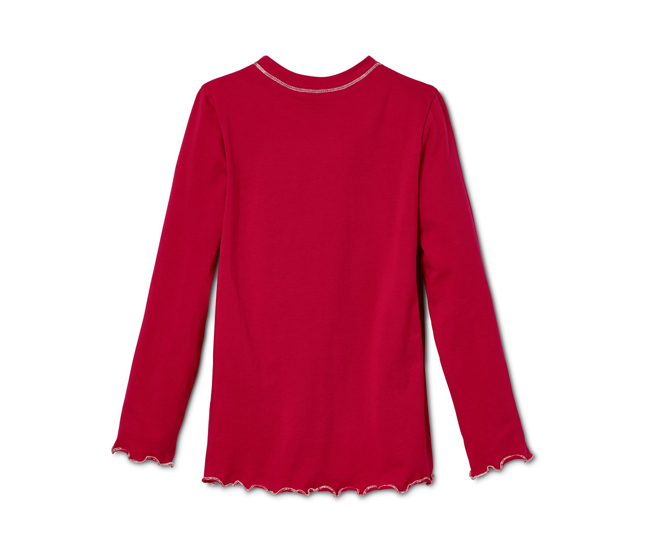 Roter Bio-Baumwoll-Pyjama mit langen Ärmeln und gewelltem Saum.