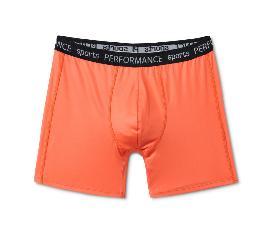 Orangefarbene 2 Sport-Slipboxer mit schwarzem Bund mit Schriftzug.