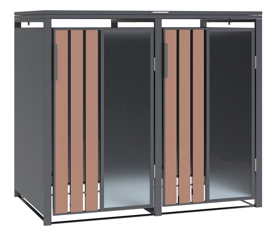 Doppelter grauer Mülltonnenunterstand mit braunen Holzakzenten.