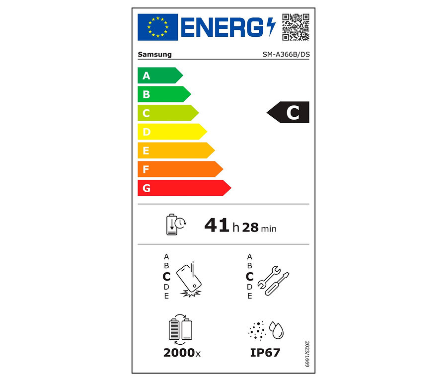 Energielabel mit den Klassen A bis G, wobei C hervorgehoben ist. Symbole und der Wert 41 h 28 min sind angegeben.