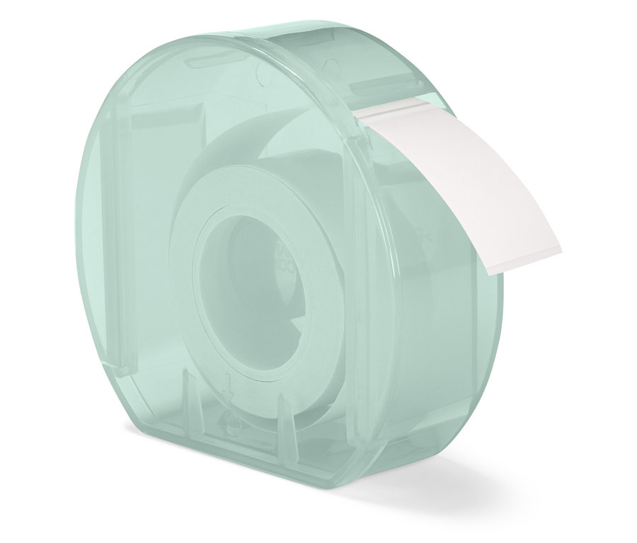 Durchsichtiger, blaugrüner Spender mit weißem Klebeband.