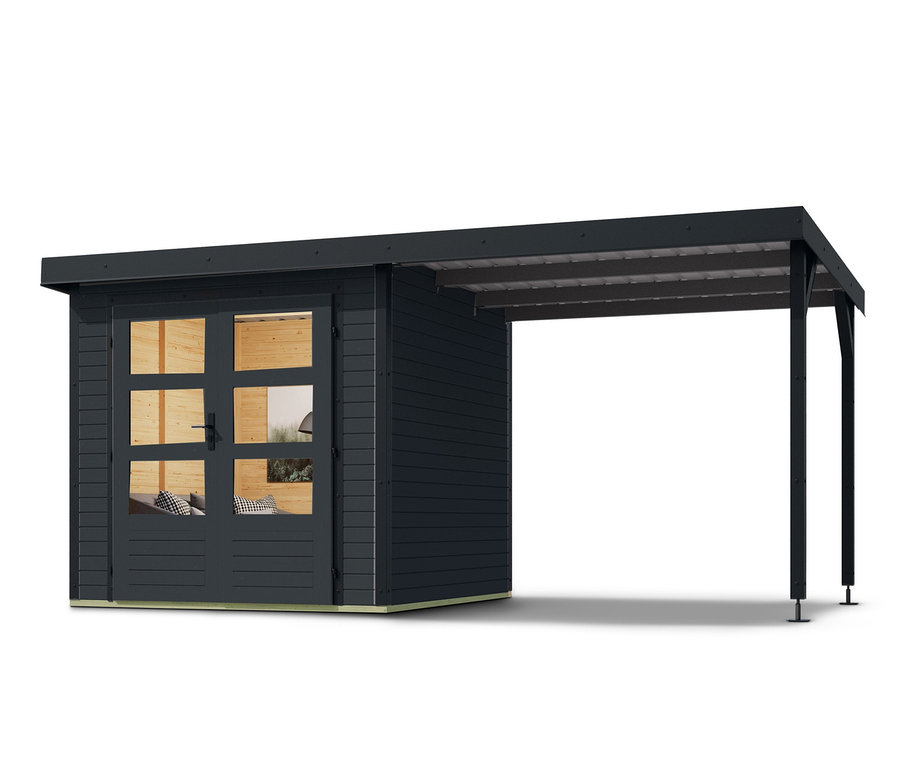 Karibu Gerätehaus mit Anbaudach, anthrazit, 19mm (Venus A) mit Glastür.