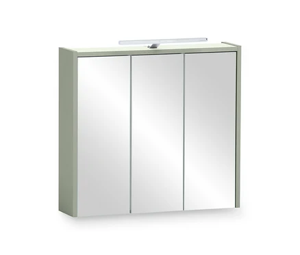 Pistazienfarbener Spiegelschrank »Mono« mit drei Spiegeltüren und einer Leuchte oben.