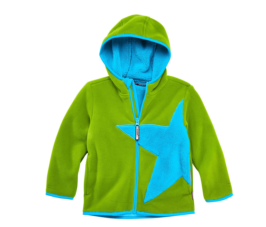 Grüne Jako-O Kuschelfleecejacke mit Kapuze und blauem Stern auf der Brust.