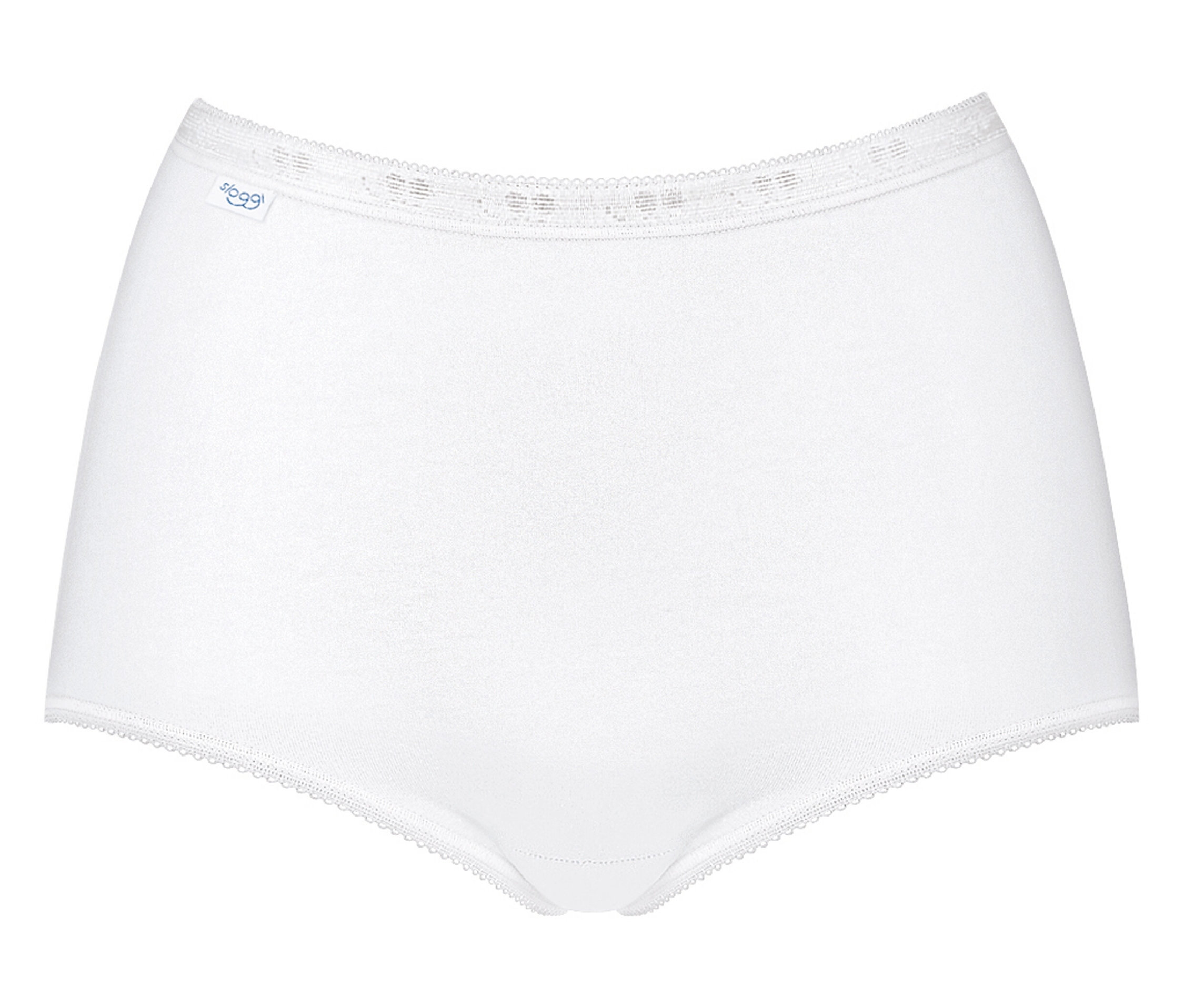 Weiße Baumwollunterhose mit elastischem Bund und Spitzenbesatz.