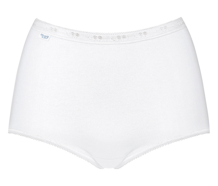 Weiße Baumwollunterhose mit elastischem Bund und Spitzenbesatz.