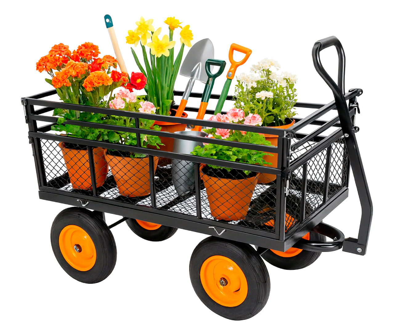 Ein schwarzer Gartenwagen mit orangefarbenen Rädern, gefüllt mit Blumentöpfen und Gartengeräten.