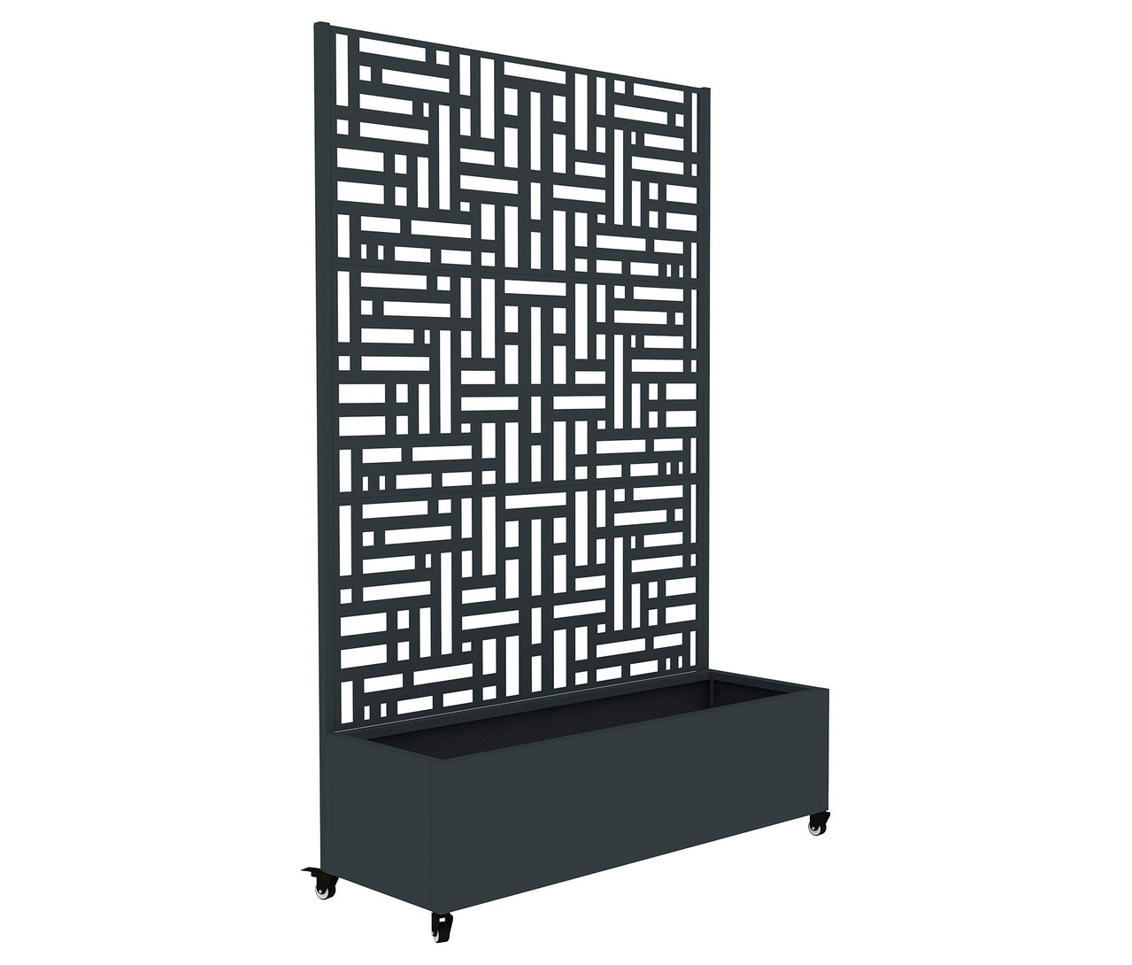 Dekorative, dunkle Trennwand mit geometrischem Muster und integriertem Pflanzkasten auf Rollen.