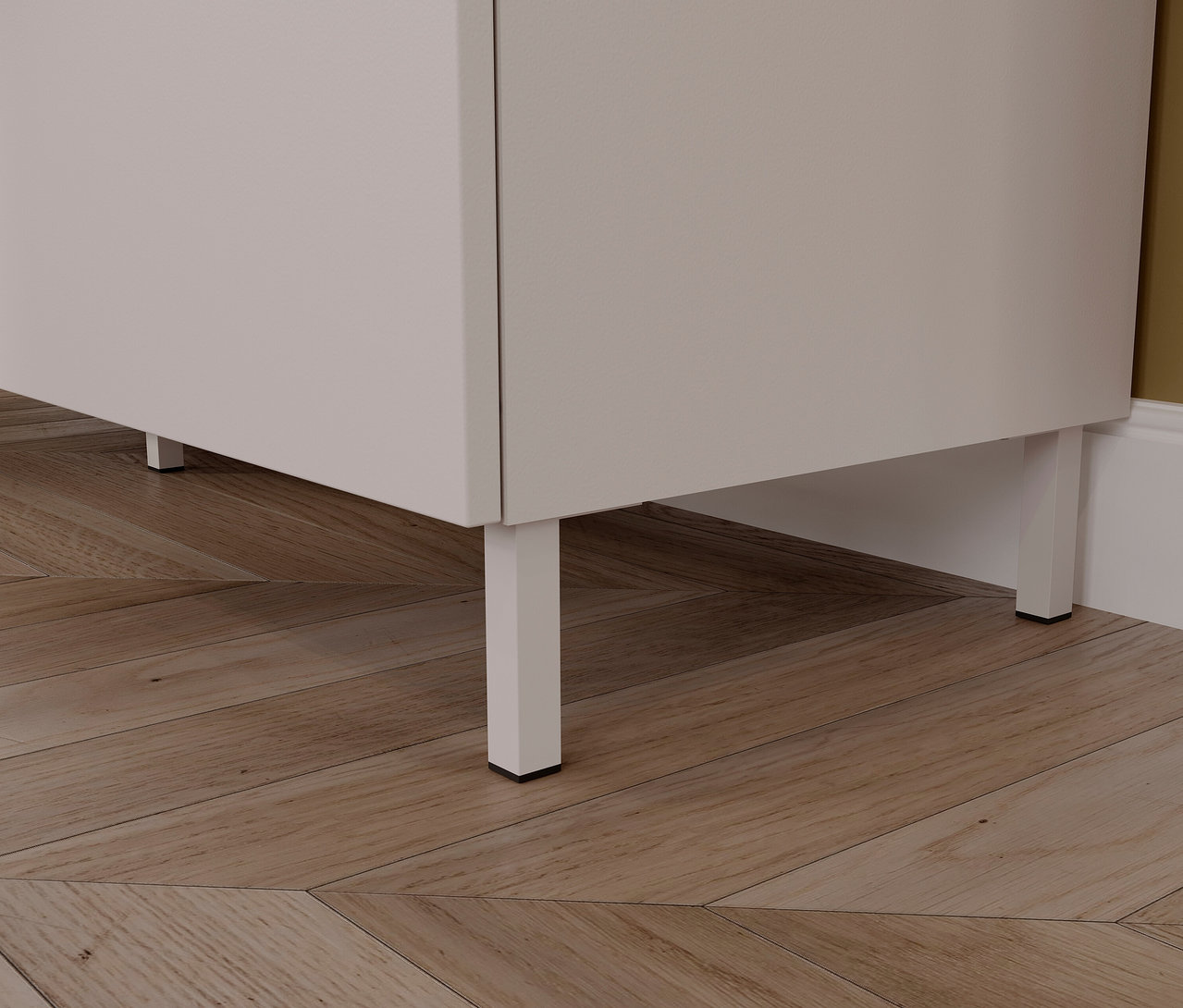Detailaufnahme eines »Savoca« Sideboards in Kaschmir/Eiche auf einem Holzboden.