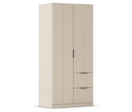 Beiger Kleiderschrank mit zwei Schubladen und einer Tür mit Griff.