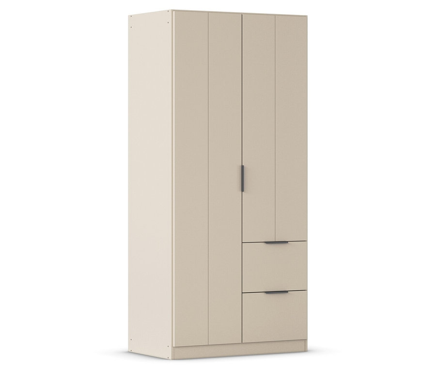 Beiger Kleiderschrank mit zwei Schubladen und einer Tür mit Griff.