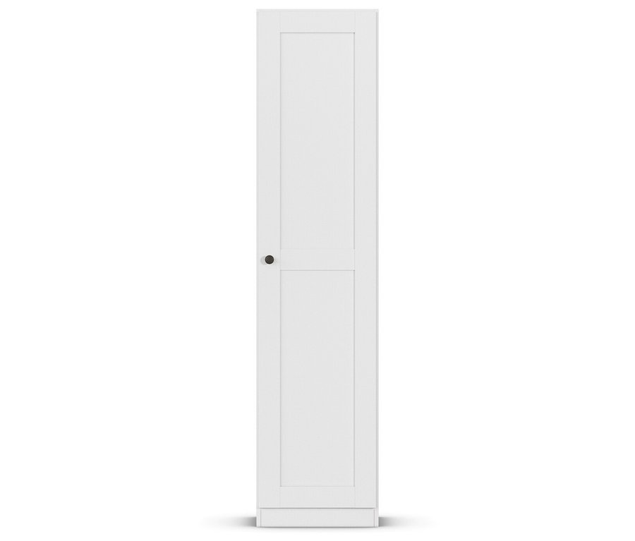 Weißer, schmaler Schrank mit einer Tür und einem runden, schwarzen Türknauf.