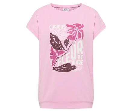 Das rosafarbene CECIL Placement-Shirt mit Blumenmuster liegt auf einem weißen Hintergrund.