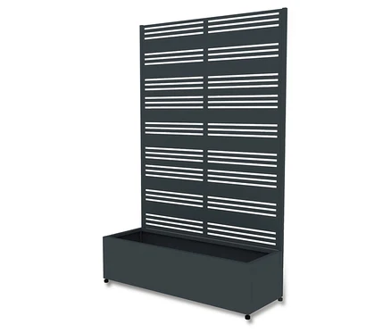 Dunkelgrauer Sichtschutz mit Pflanzkasten, 120 x 184 x 42,5 cm.
