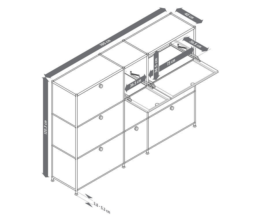 Draufsicht eines modularen Schranksystems mit geöffneten Fächern und Maßangaben.