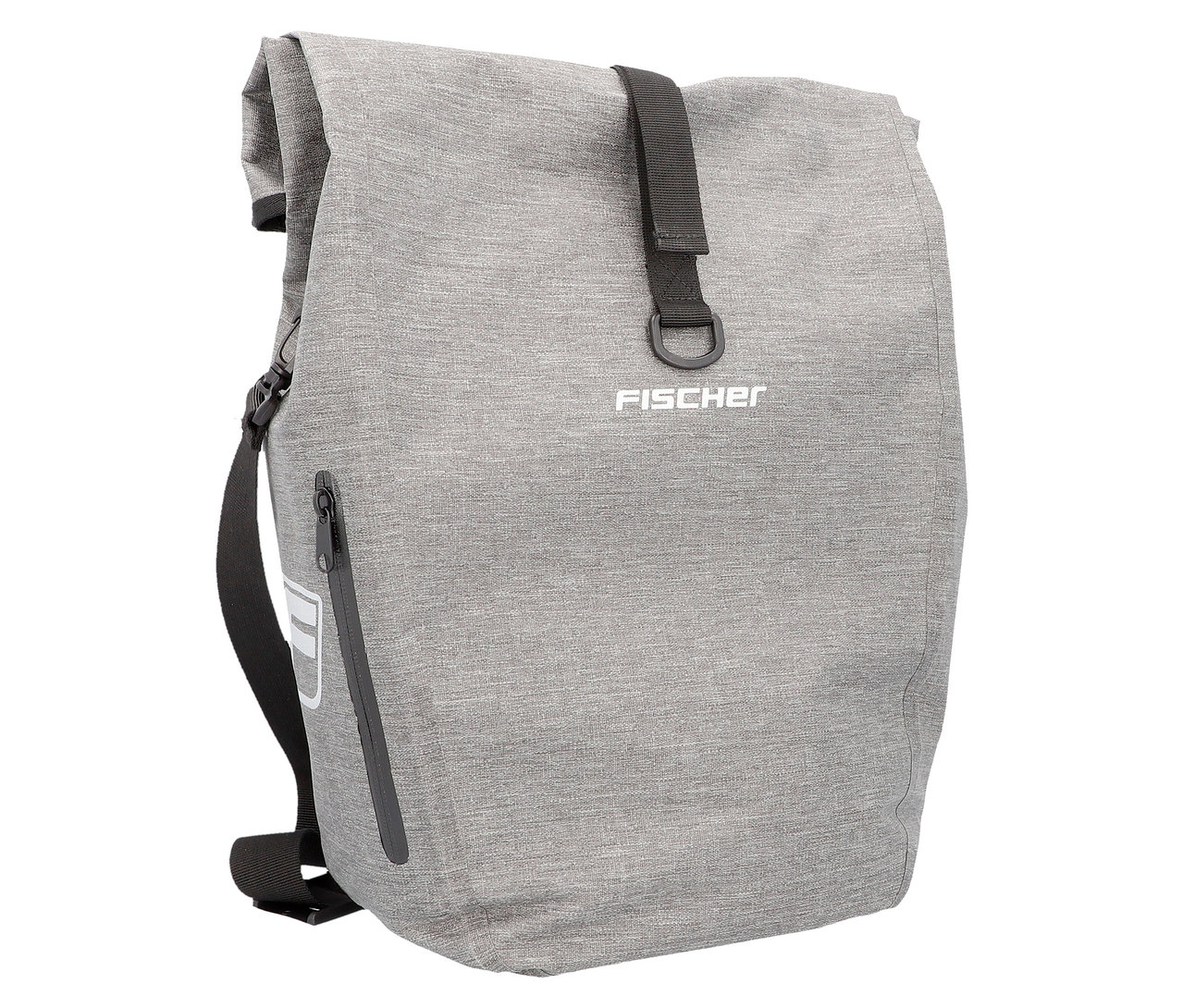 Graue FISCHER Gepäckträgertasche PLUS Cita mit schwarzem Gurt und Reißverschluss.