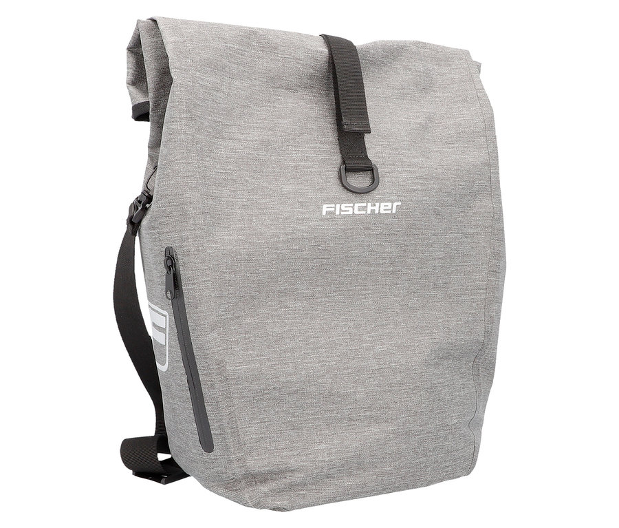 Graue FISCHER Gepäckträgertasche PLUS Cita mit schwarzem Gurt und Reißverschluss.