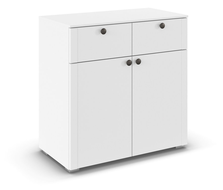Weißer Schrank mit zwei Schubladen und zwei Türen.