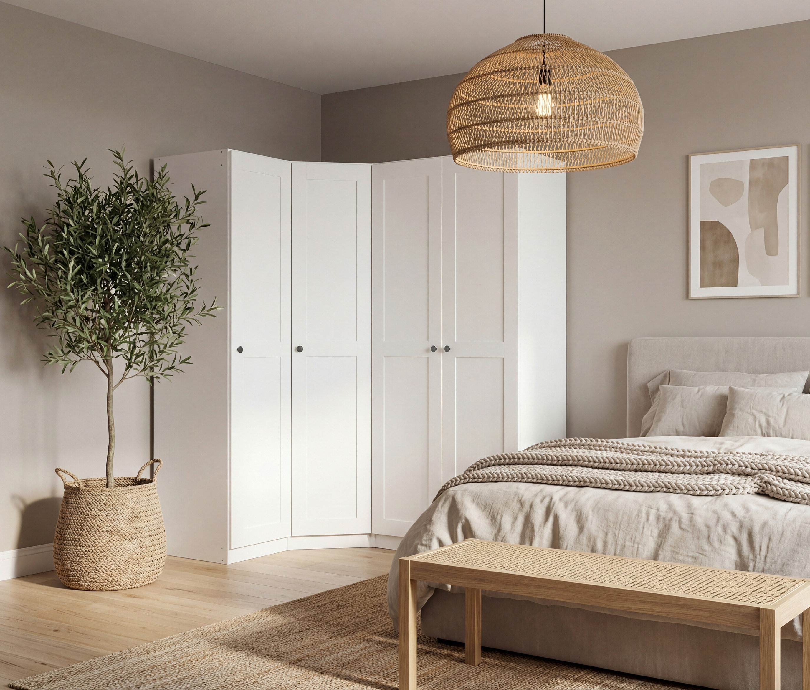 Schlafzimmer mit weißem Eckkleiderschrank, Bett mit beiger Bettwäsche, Rattanbank, Korb mit Olivenbaum und Rattanlampe.