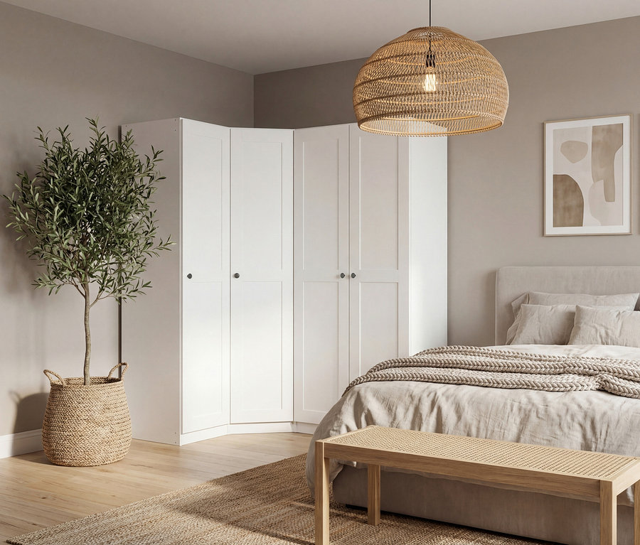 Schlafzimmer mit weißem Eckkleiderschrank, Bett mit beiger Bettwäsche, Rattanbank, Korb mit Olivenbaum und Rattanlampe.