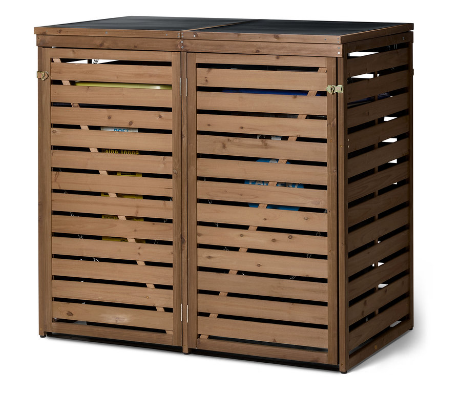 Holzschrank mit horizontalen Lamellen und zwei Fächern, in denen Mülltonnen stehen.