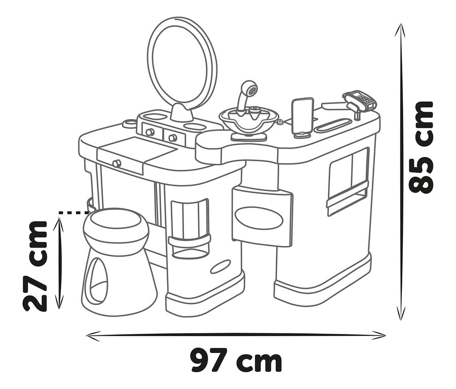 Draufsicht einer Spielküche mit Spiegel und Zubehör, Maße: 97 cm breit, 85 cm hoch, Hocker 27 cm hoch.