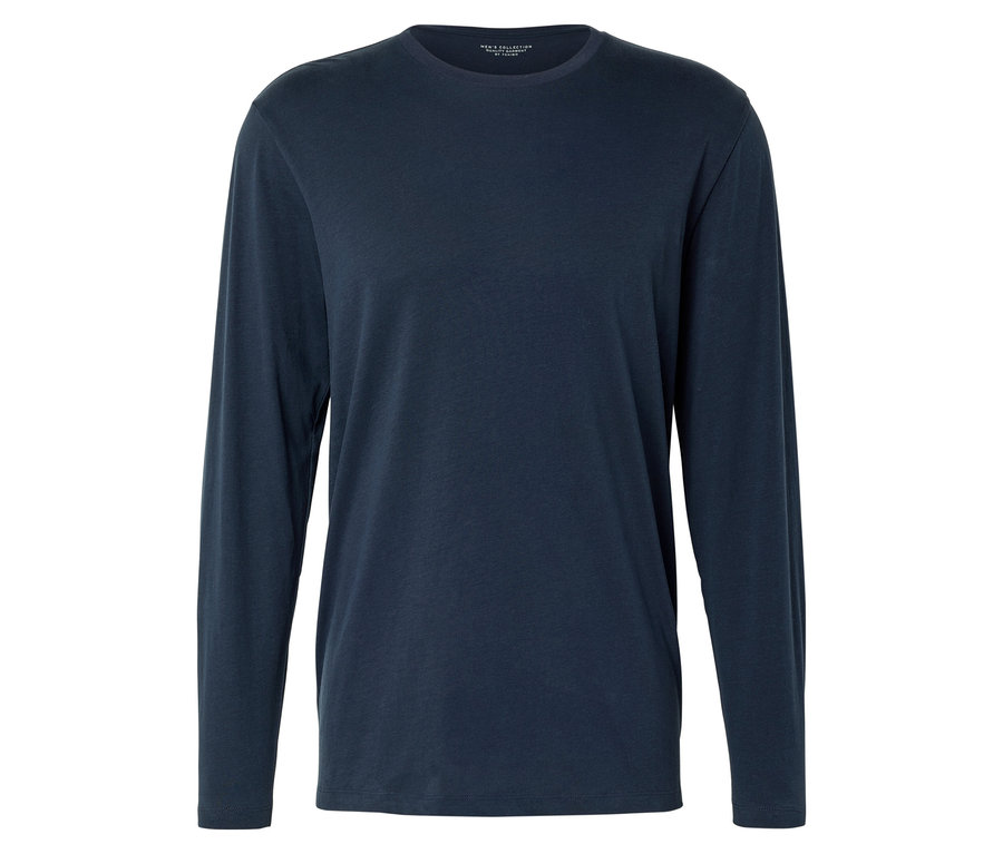 Ein dunkelblaues, langärmeliges T-Shirt liegt auf einem weißen Hintergrund.