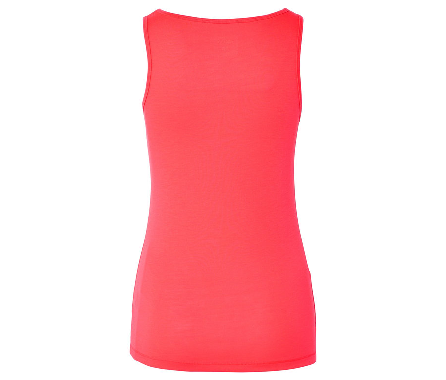 Rückansicht eines korallenroten Tanktops mit Rundhalsausschnitt.
