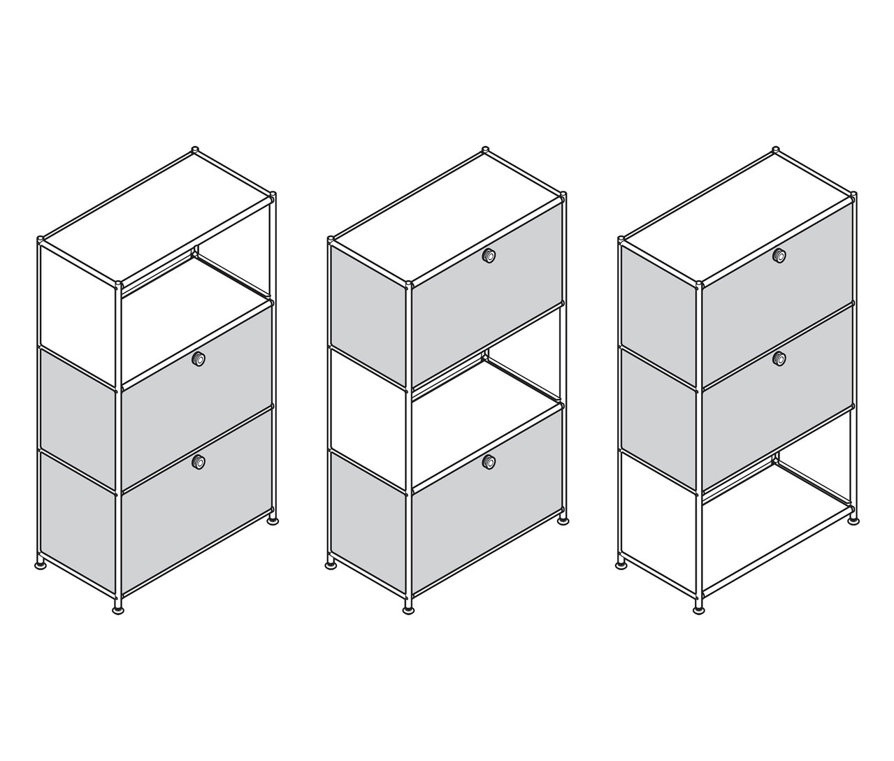 Drei Kommode Metall »CN3« mit je zwei Klappenfächern sind dargestellt.