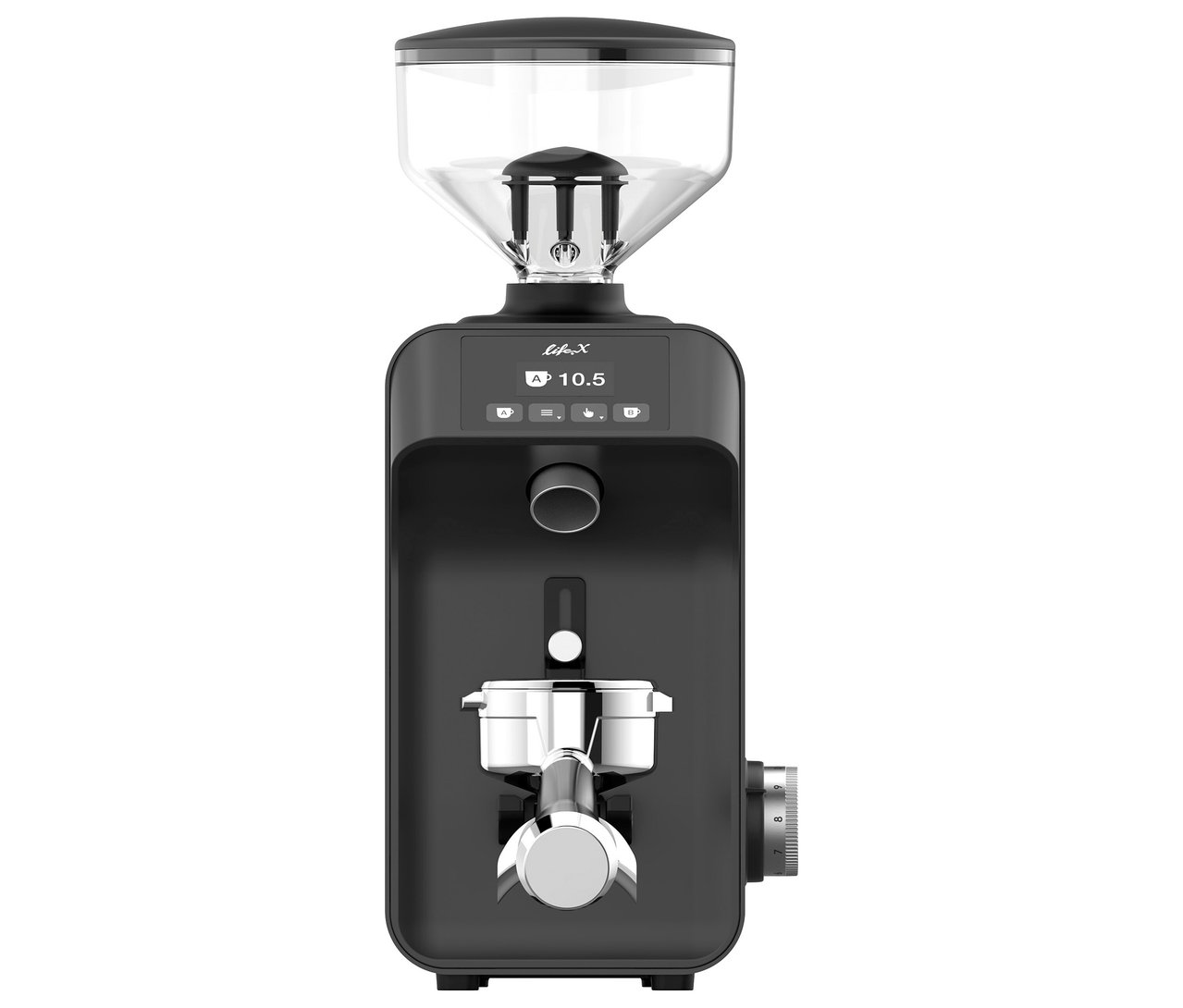 Eine schwarze Life X Kaffeemühle mit einem silbernen Siebträger.