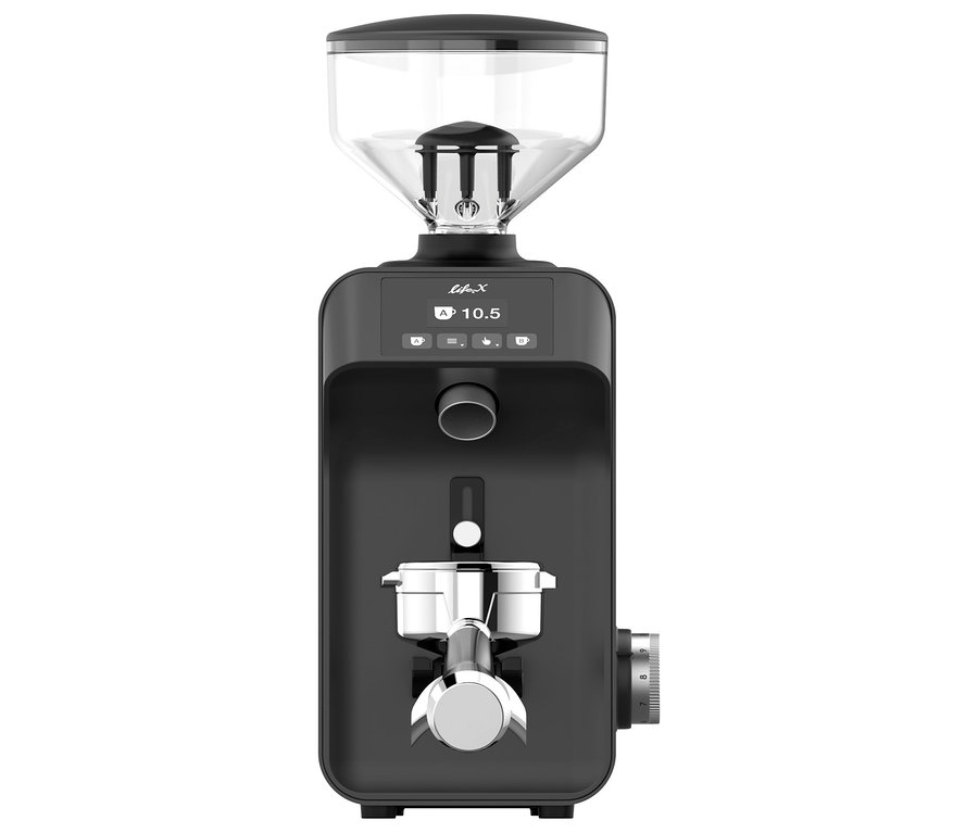 Eine schwarze Life X Kaffeemühle mit einem silbernen Siebträger.
