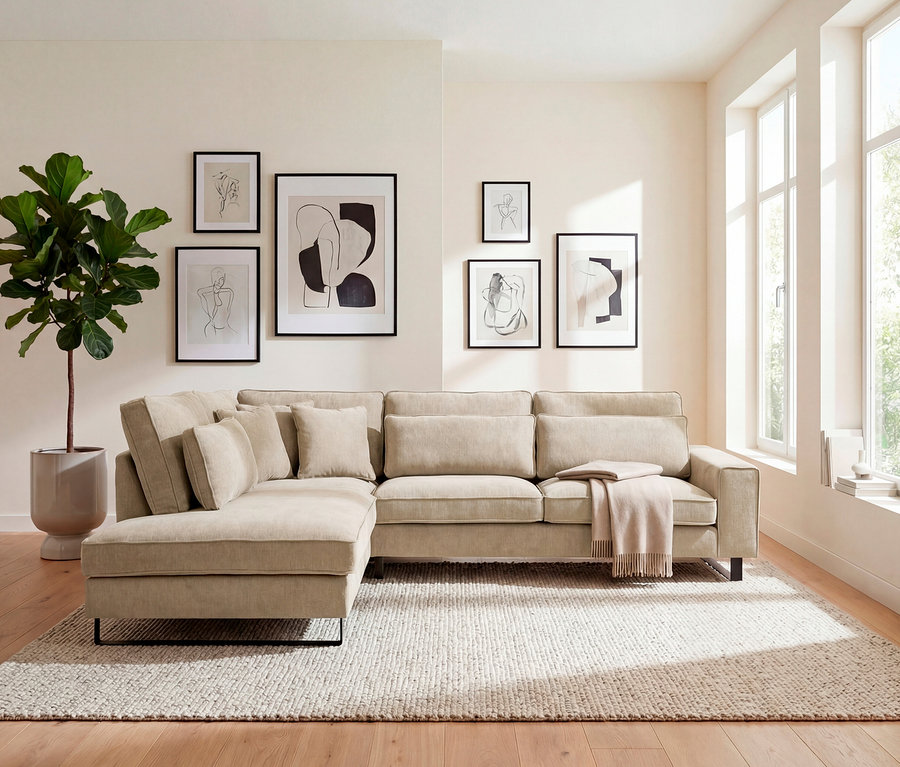 Beige Eckcouch mit Kissen und Decke auf einem hellen Teppich. An der Wand hängen gerahmte Bilder.