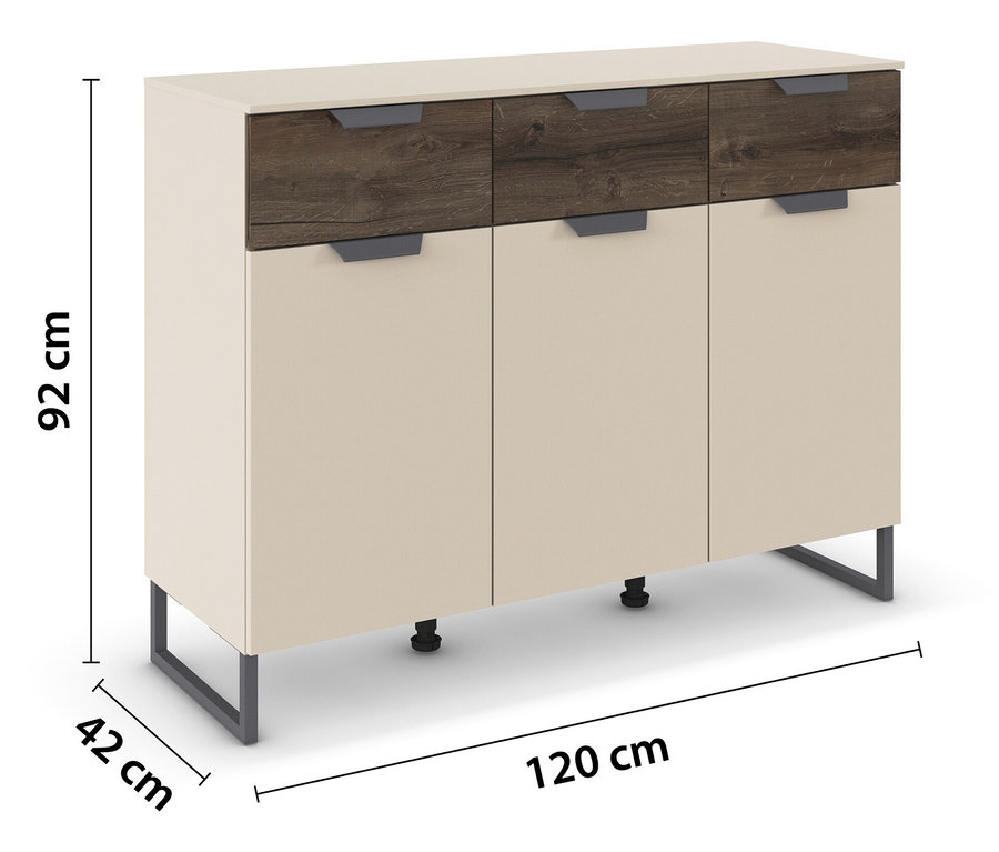 Kommode in Beige und Holzoptik mit drei Schubladen und drei Türen. Die Maße sind eingezeichnet: 92 cm hoch, 120 cm breit und 42 cm tief.