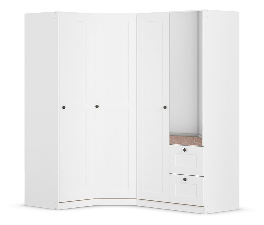 Weißer Eckkleiderschrank mit vier Türen und zwei Schubladen steht vor einem weißen Hintergrund.