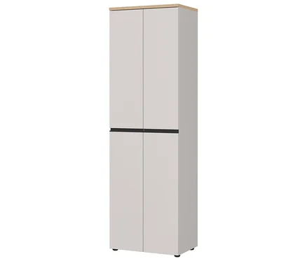Der Garderobenschrank »Cormano« ist grau und hat vier Türen mit schwarzen Griffen und eine helle Holzplatte oben.