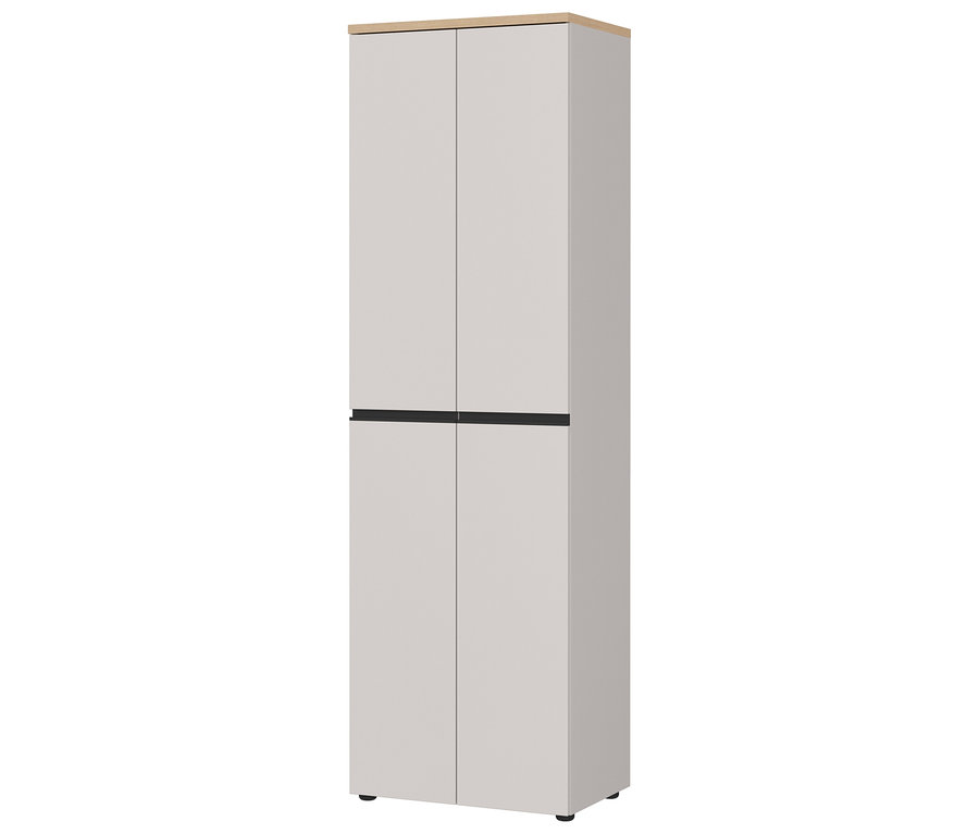 Der Garderobenschrank »Cormano« ist grau und hat vier Türen mit schwarzen Griffen und eine helle Holzplatte oben.