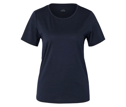Dunkelblaues, kurzärmeliges T-Shirt mit Rundhalsausschnitt auf weißem Hintergrund.