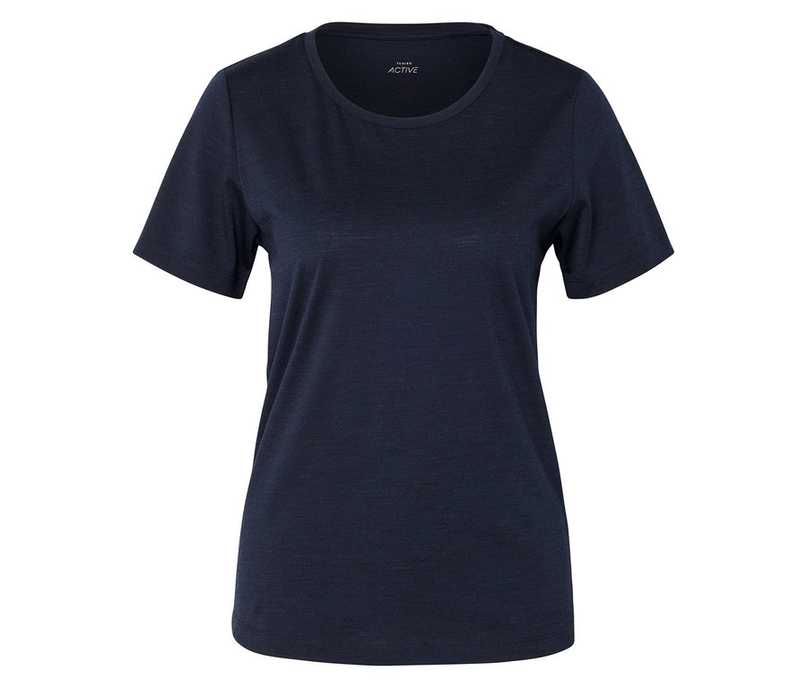 Dunkelblaues, kurzärmeliges T-Shirt mit Rundhalsausschnitt auf weißem Hintergrund.