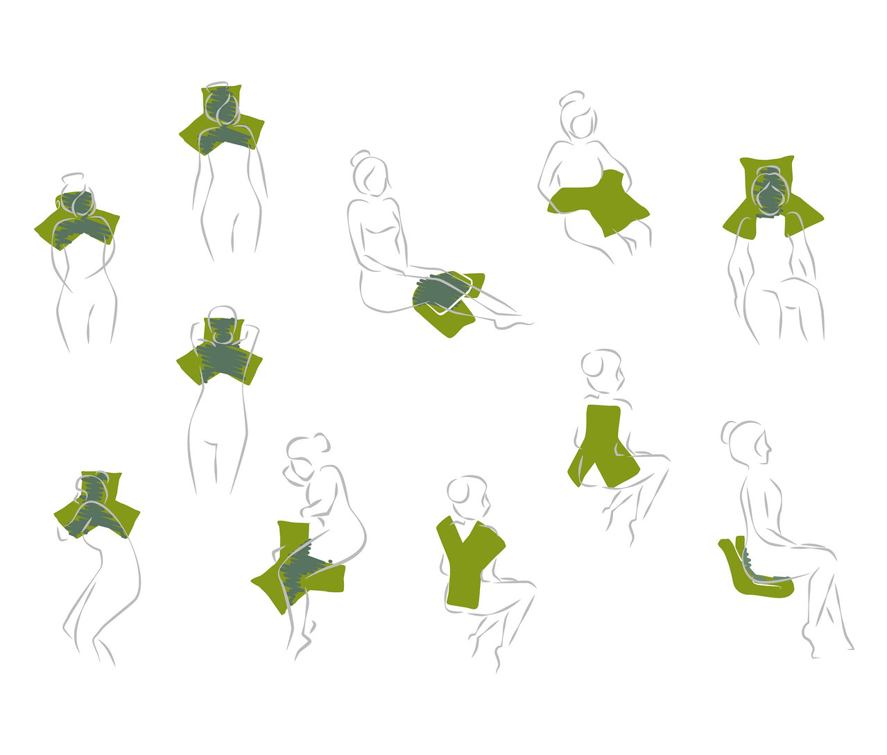 Skizzen zeigen, wie das Multifunktionskissen für verschiedene Körperteile verwendet wird.