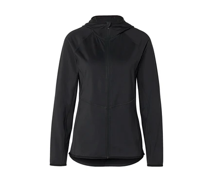 Schwarze Kapuzenjacke mit Reißverschluss und langen Ärmeln.